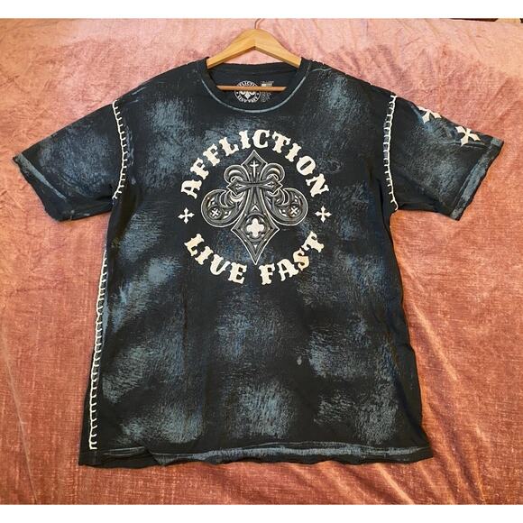Vintage Y2K AFFLICTION Cross Wings LIVE FAST TEE T-SHIRT Grunge Distressed 3XL - Picture 3 of 6